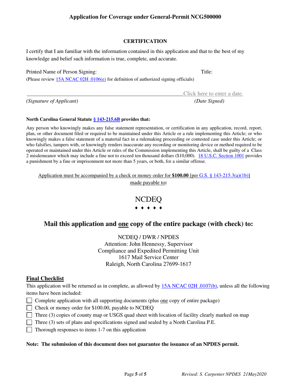 Application for Coverage Under General-Permit Ncg500000 - North Carolina, Page 5