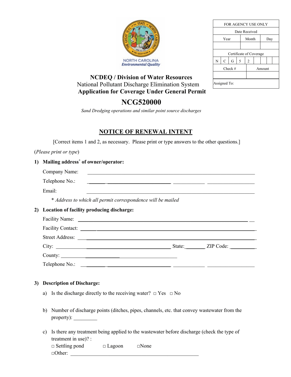 Application for Coverage Under General Permit Ncg520000 - Notice of Renewal Intent - North Carolina, Page 1