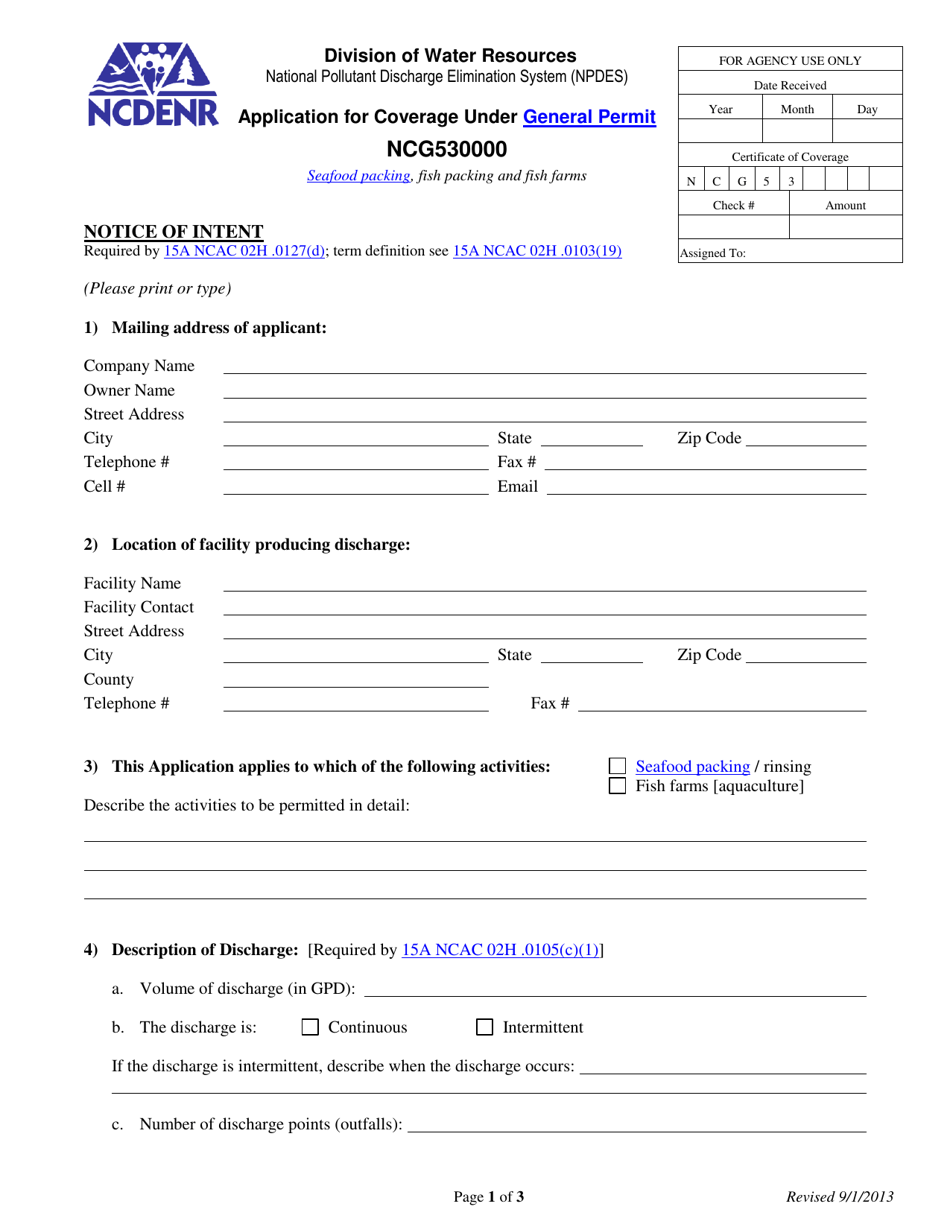 Application for Coverage Under General Permit Ncg530000 - North Carolina, Page 1