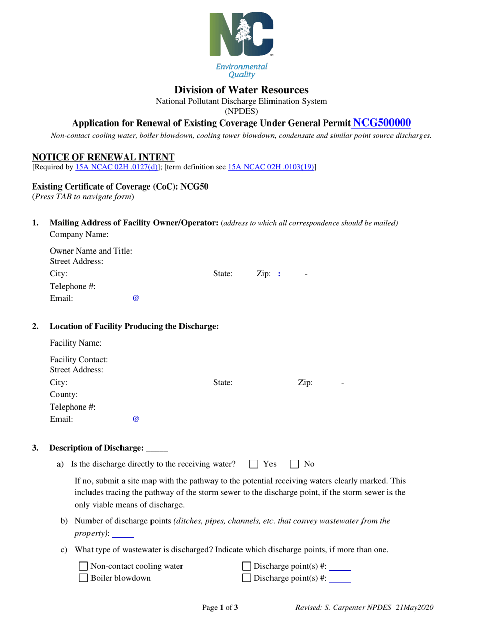 Application for Renewal of Existing Coverage Under General Permit Ncg500000 - North Carolina, Page 1