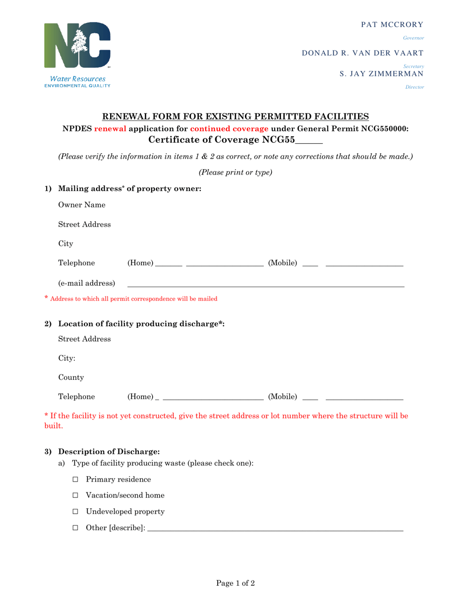 Npdes Renewal Application for Continued Coverage Under General Permit Ncg550000 - North Carolina, Page 1
