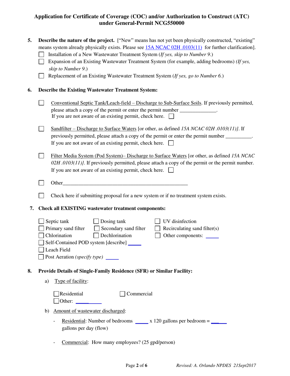 North Carolina Application For Certificate Of Coverage Coc Andor Authorization To Construct 8485