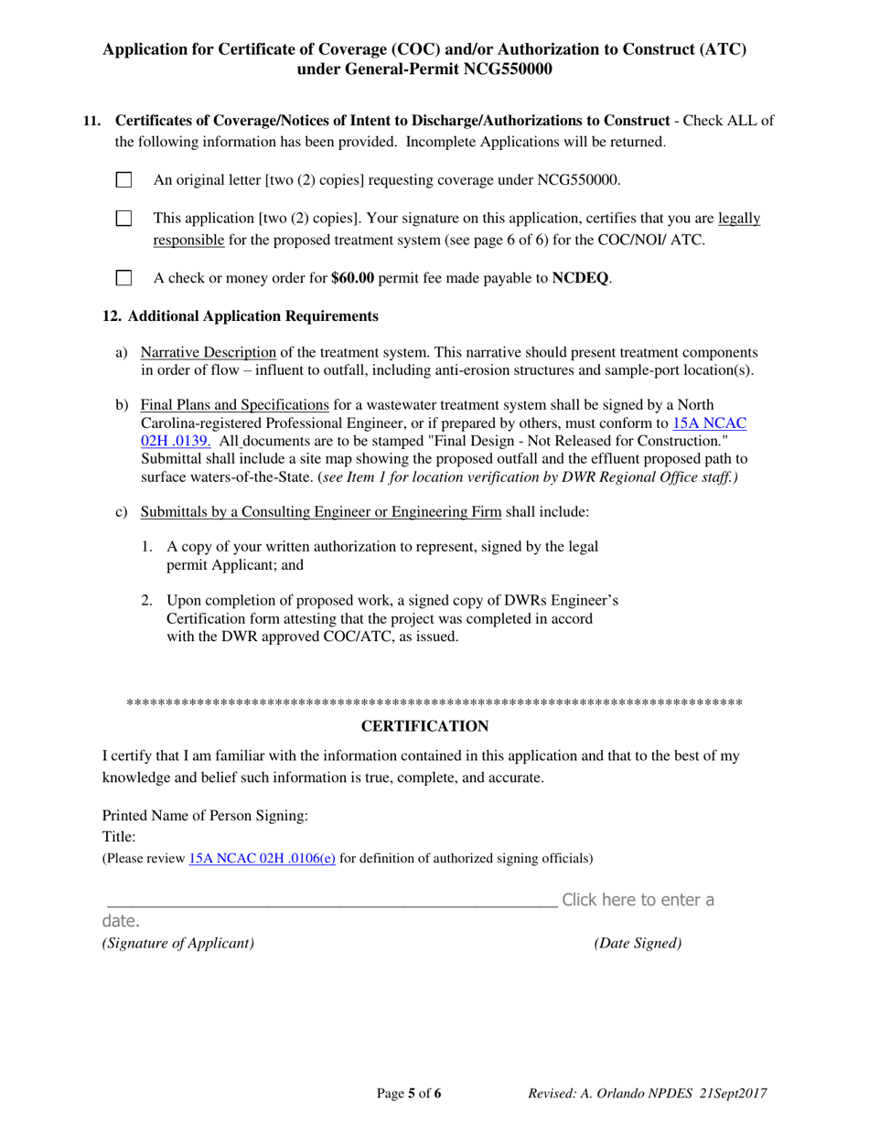 North Carolina Application For Certificate Of Coverage Coc Andor Authorization To Construct 2746