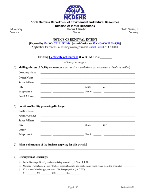 Application for Renewal of Existing Coverage Under General Permit Ncg530000 - North Carolina Download Pdf