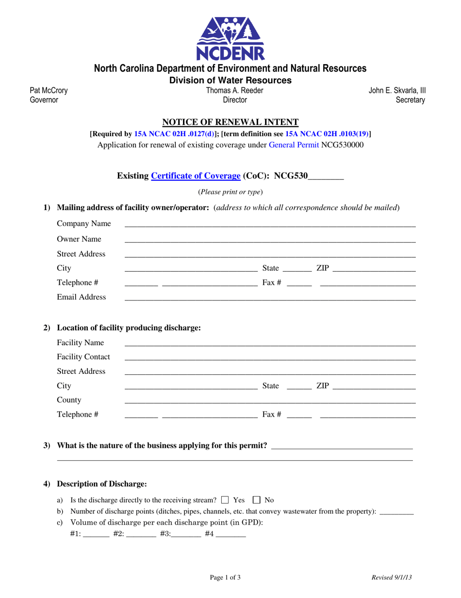 Application for Renewal of Existing Coverage Under General Permit Ncg530000 - North Carolina, Page 1