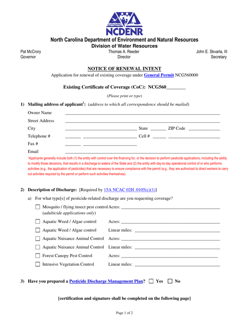 Application for Renewal of Existing Coverage Under General Permit Ncg560000 - North Carolina Download Pdf