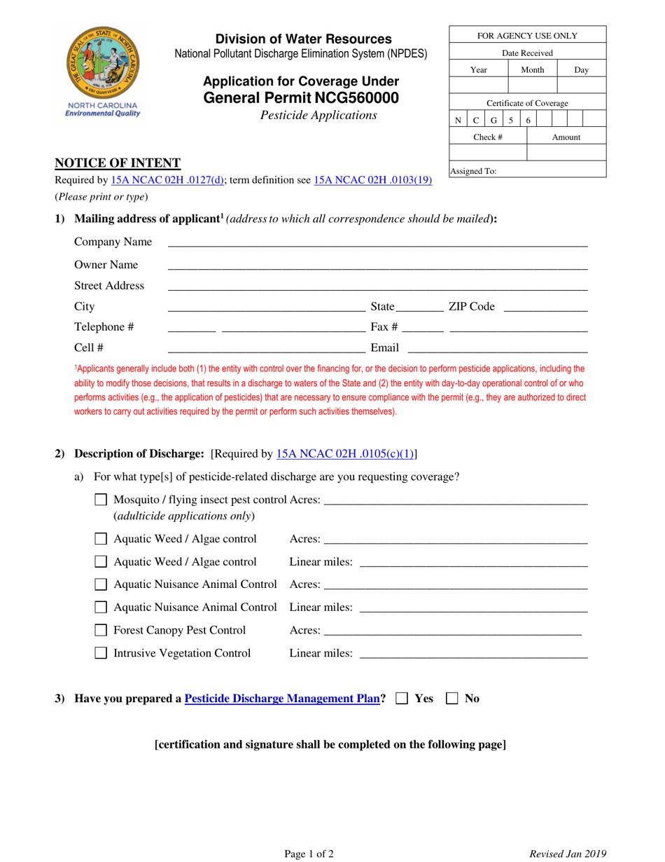 Application for Coverage Under General Permit Ncg560000 - North Carolina, Page 1