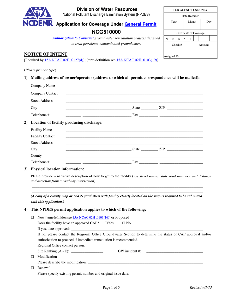 Application for Coverage Under General Permit Ncg510000 - North Carolina, Page 1