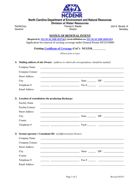 Application for Renewal of Existing Coverage Under General Permit Ncg510000 - North Carolina Download Pdf