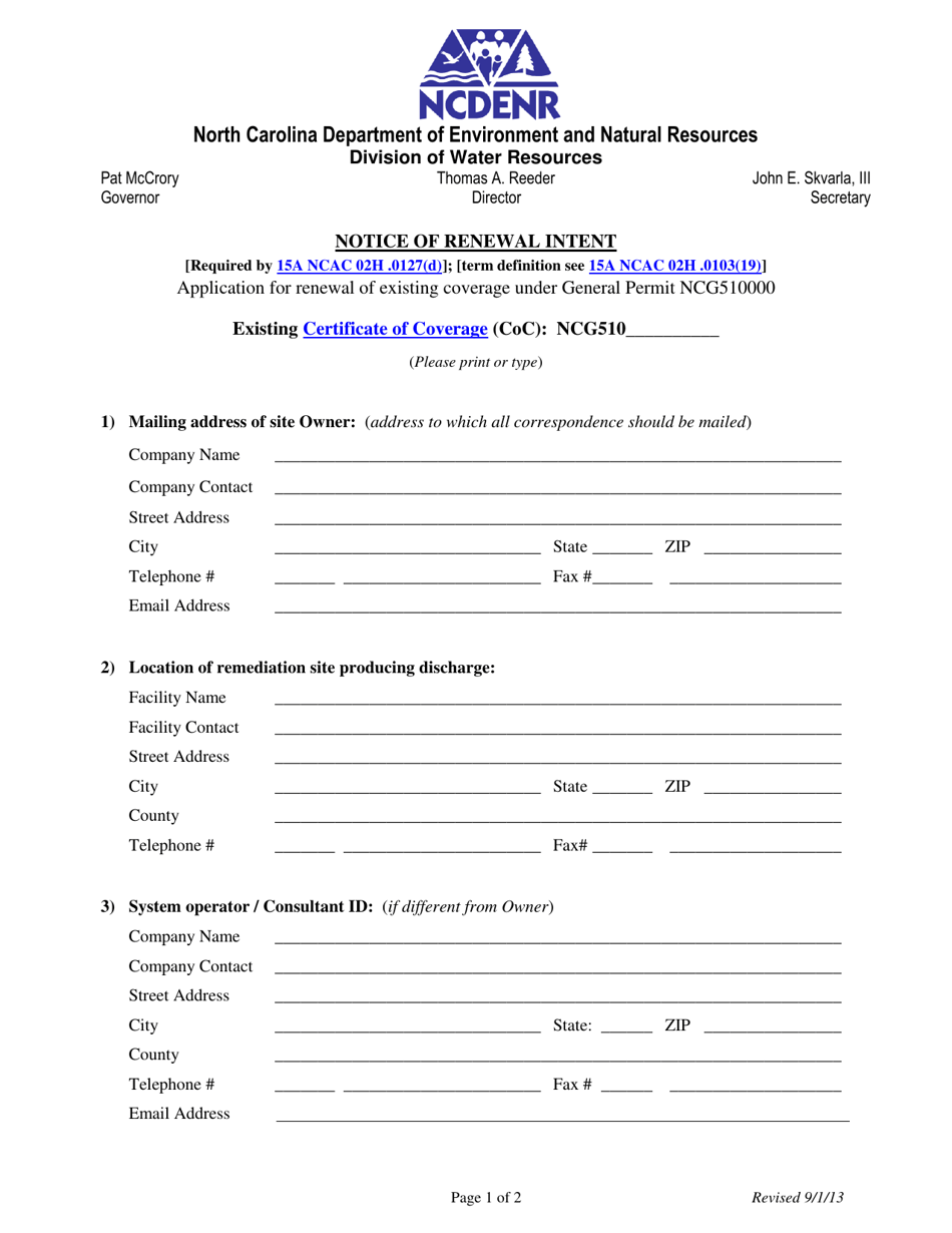 Application for Renewal of Existing Coverage Under General Permit Ncg510000 - North Carolina, Page 1