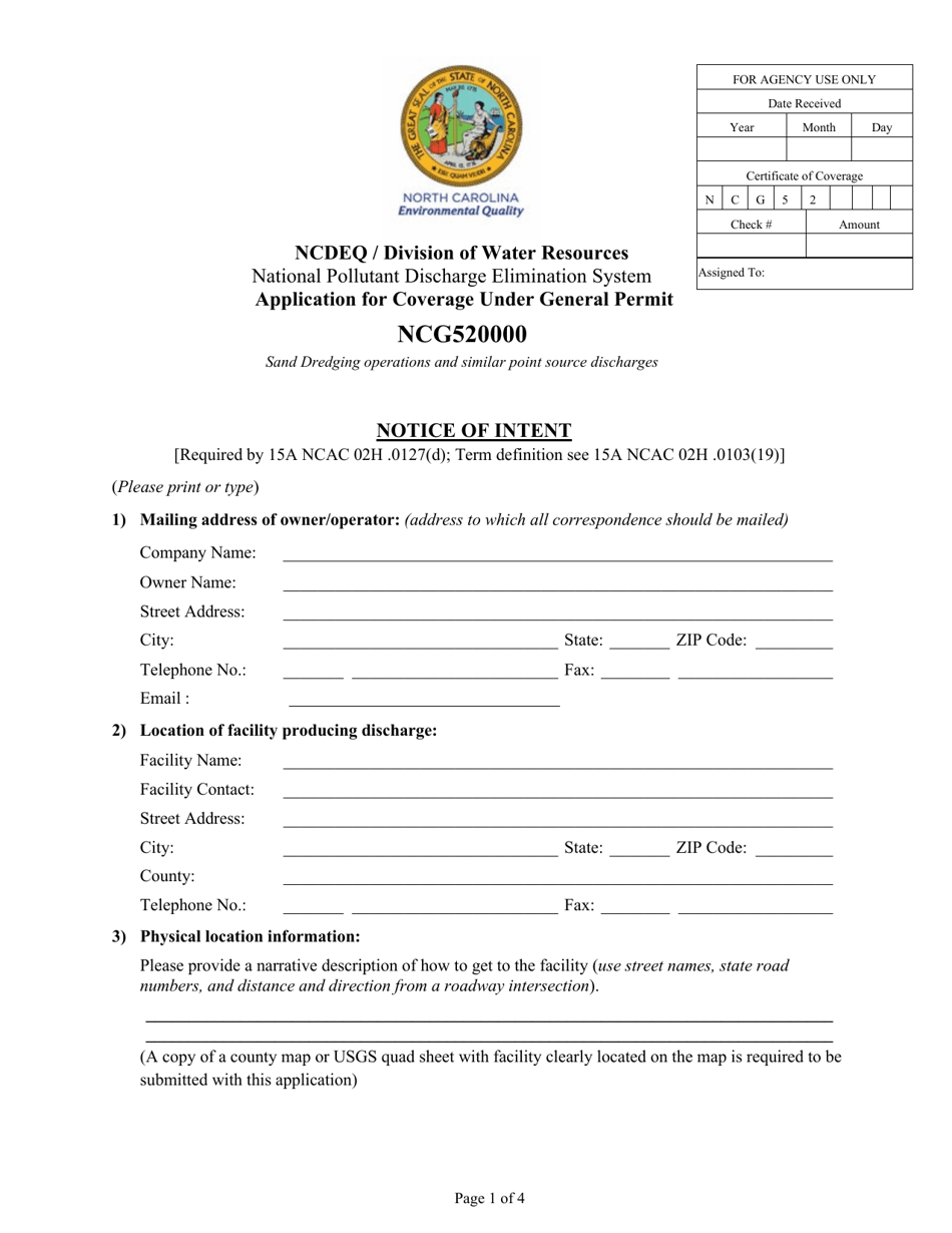 Application for Coverage Under General Permit Ncg520000 - North Carolina, Page 1