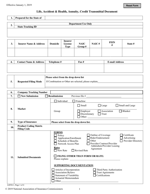Form LHTD-1 Life, Accident & Health, Annuity, Credit Transmittal Document