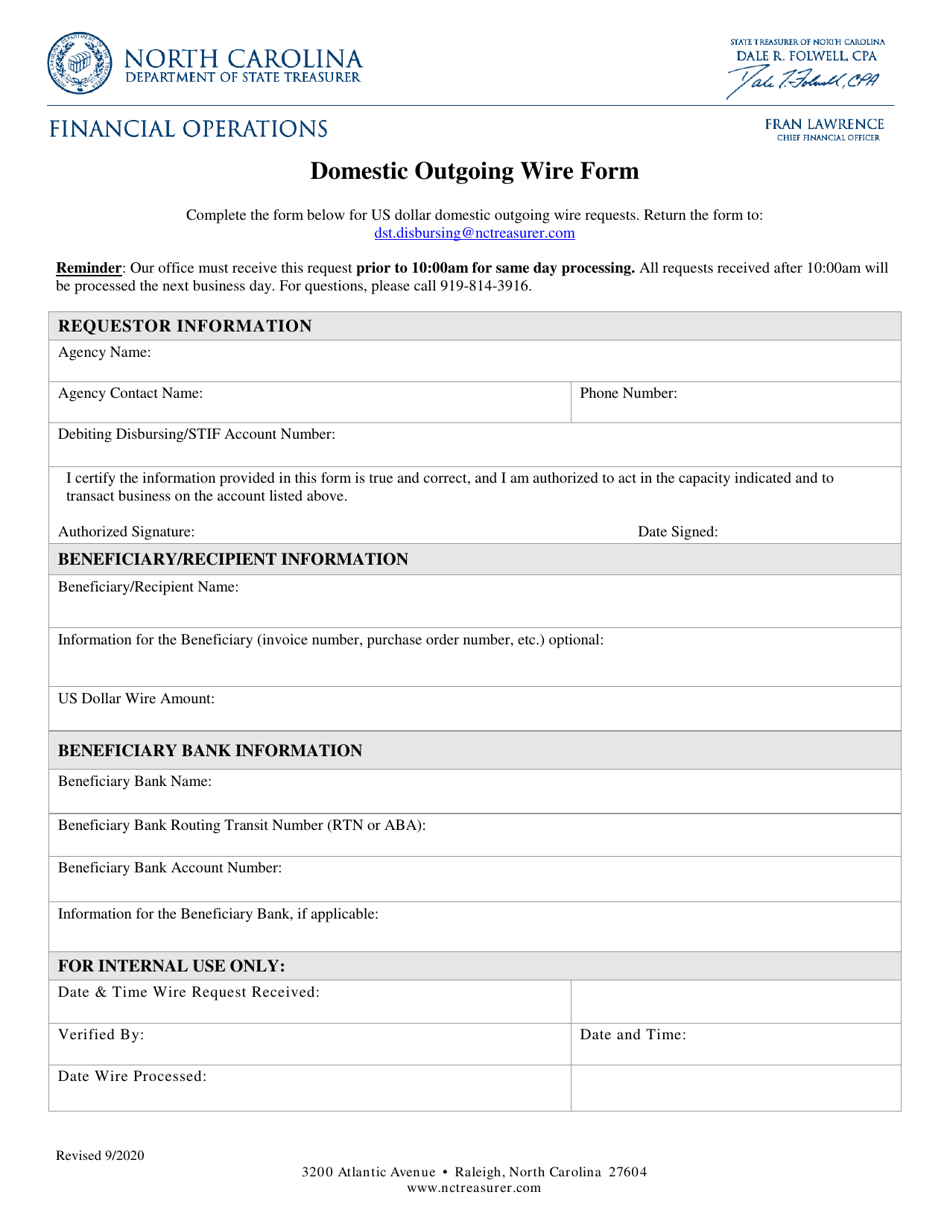 Domestic Outgoing Wire Form - North Carolina, Page 1