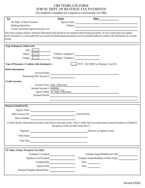 Cb$ Template Form for Nc Dept. of Revenue Tax Payments - North Carolina