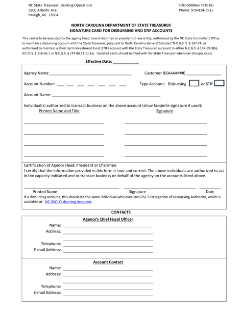 Form FOD-500 Signature Card for Disbursing and Stif Accounts - North Carolina