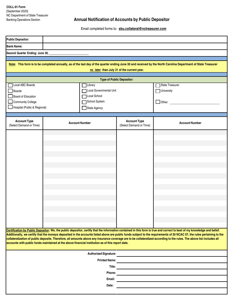Form COLL-91 Annual Notification of Accounts by Public Depositor - North Carolina, Page 1
