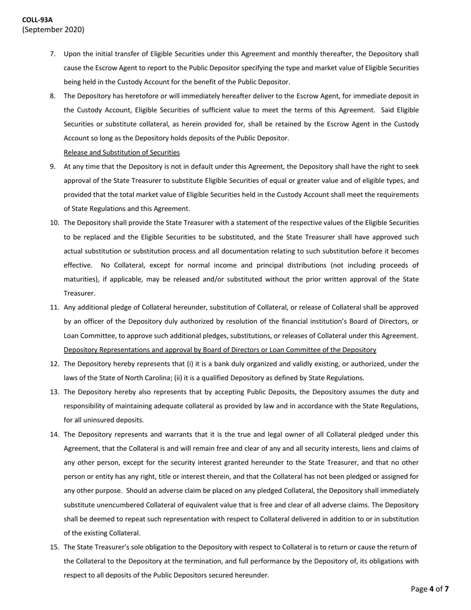 Form COLL-93A Security Agreement With Resolution (For Public Deposits Collateralized Using the Pooling Method) - North Carolina, Page 4