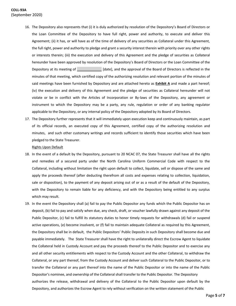 Form COLL-93A Security Agreement With Resolution (For Public Deposits Collateralized Using the Pooling Method) - North Carolina, Page 5