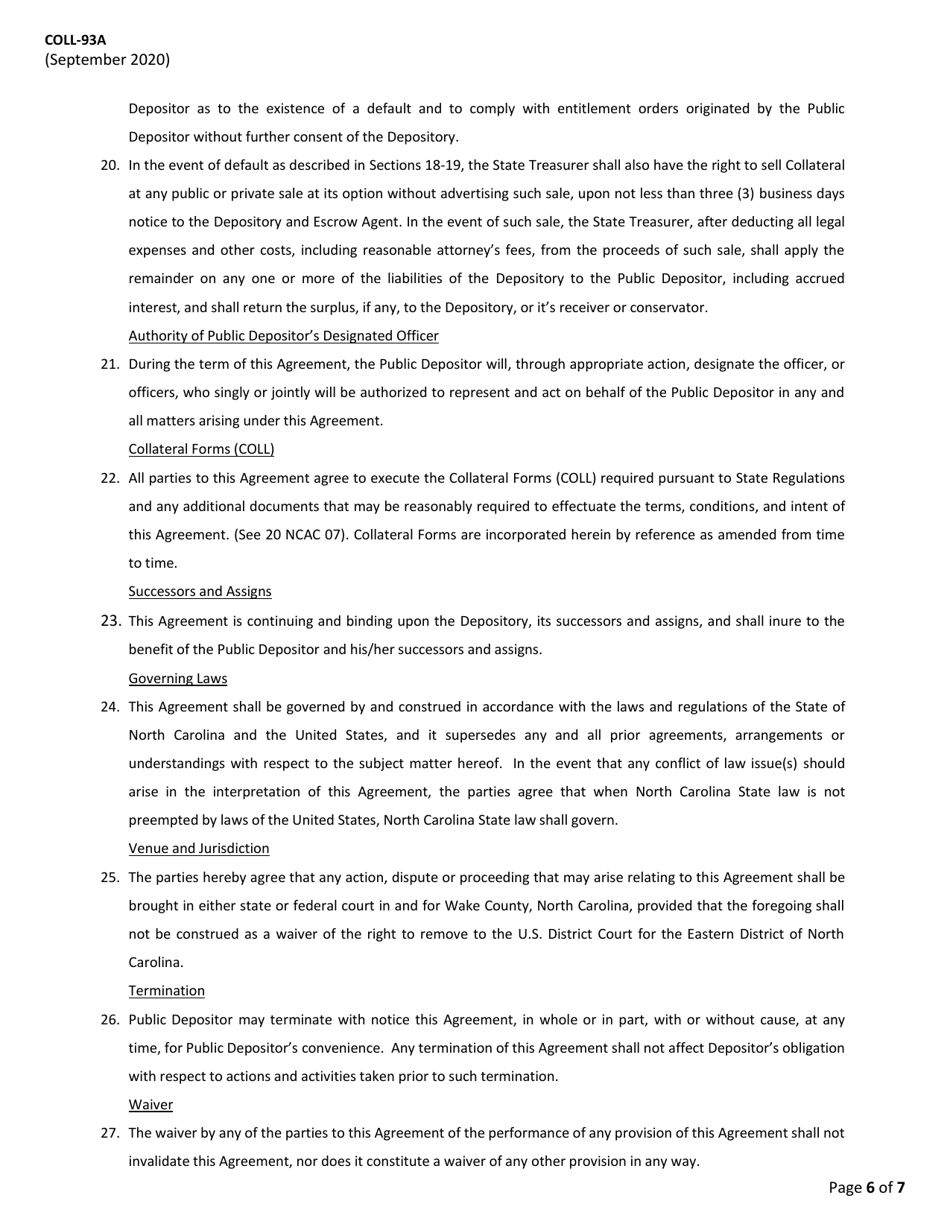 Form COLL-93A Security Agreement With Resolution (For Public Deposits Collateralized Using the Pooling Method) - North Carolina, Page 6