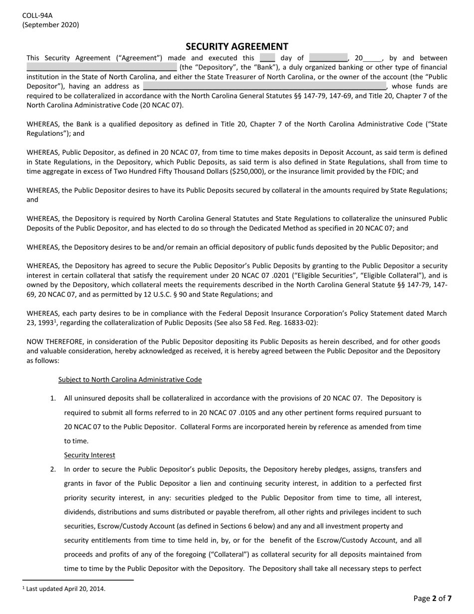 Form COLL-94A Security Agreement With Resolution (For Public Deposits Collateralized Using the Dedicated Method) - North Carolina, Page 2
