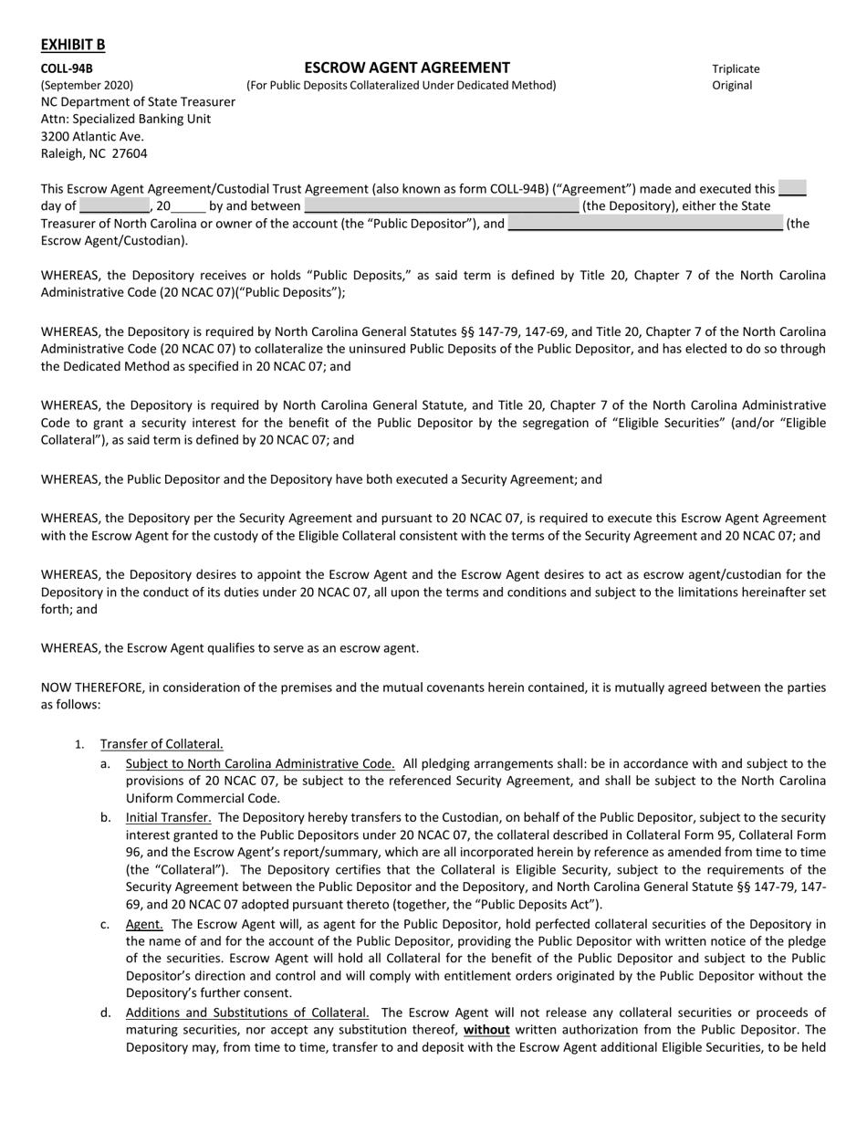 Form COLL-94B Exhibit B Escrow Agent Agreement (For Public Deposits Collateralized Under Dedicated Method) - North Carolina, Page 1