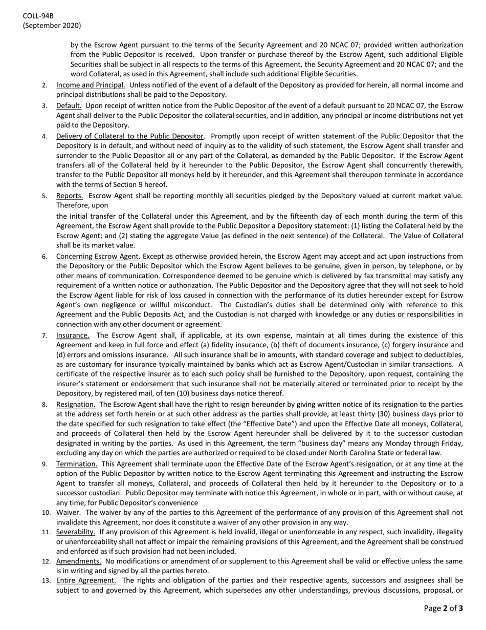 Form COLL-94B Exhibit B Escrow Agent Agreement (For Public Deposits Collateralized Under Dedicated Method) - North Carolina, Page 2