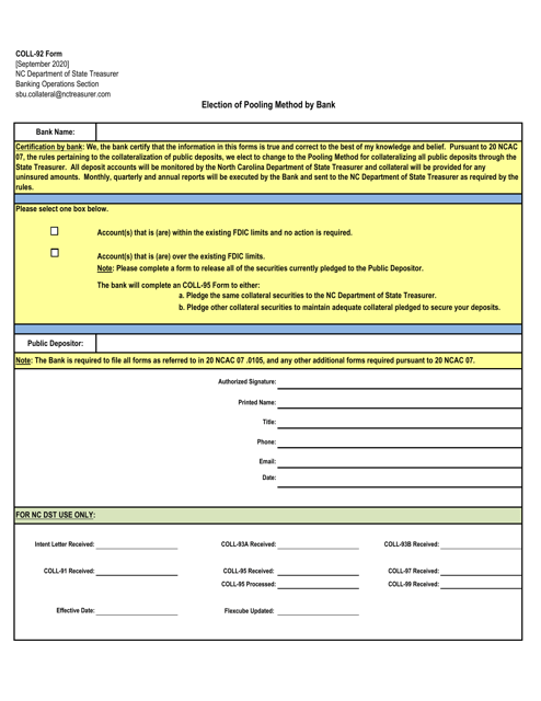 Form COLL-92 Election of Pooling Method by Bank - North Carolina