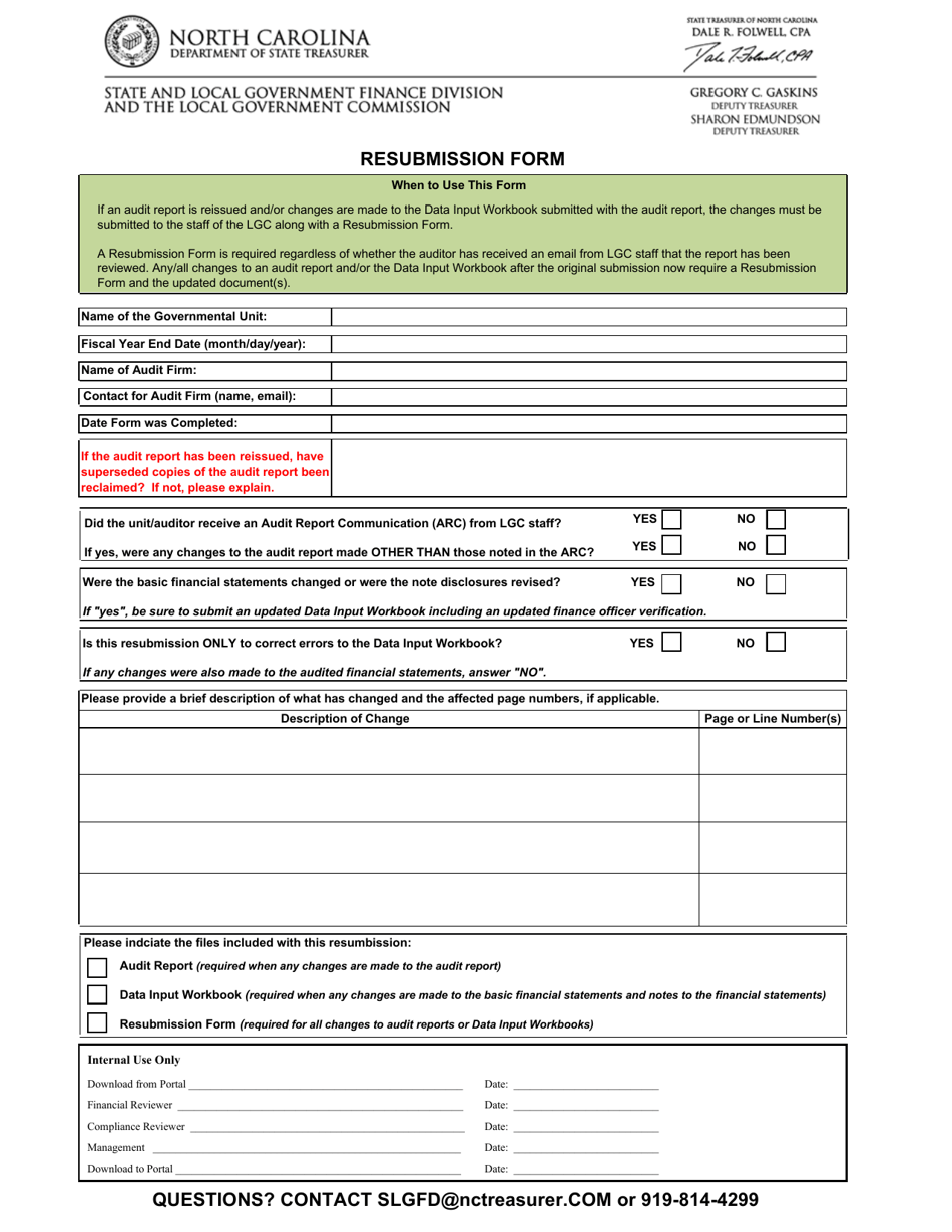 Resubmission Form - North Carolina, Page 1