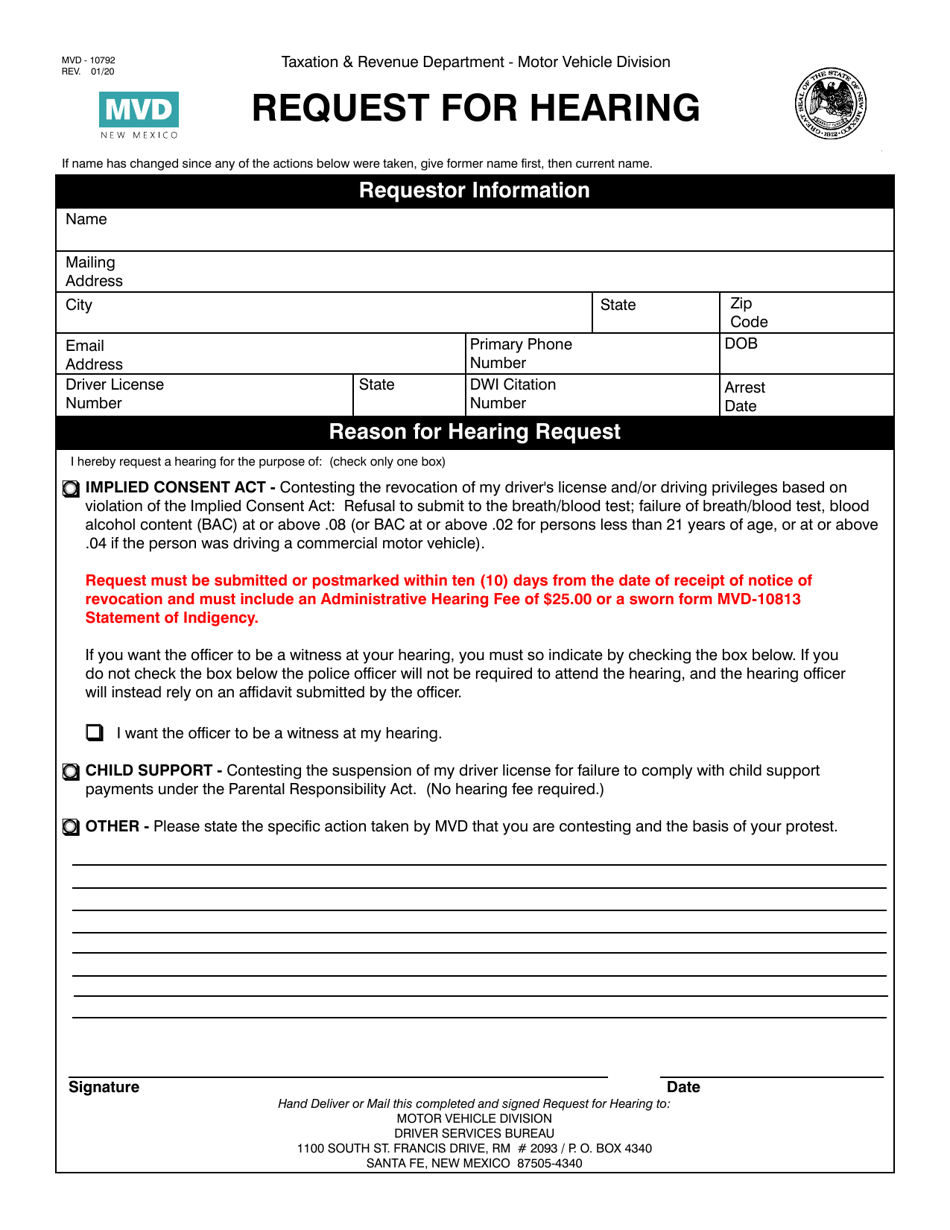 Form MVD-10792 Request for Hearing - New Mexico, Page 1