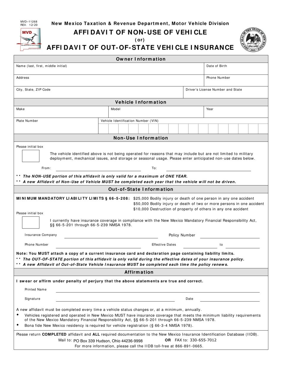 Form MVD-11268 Affidavit of Non-use of Vehicle or Out-of-State Vehicle Insurance - New Mexico, Page 1