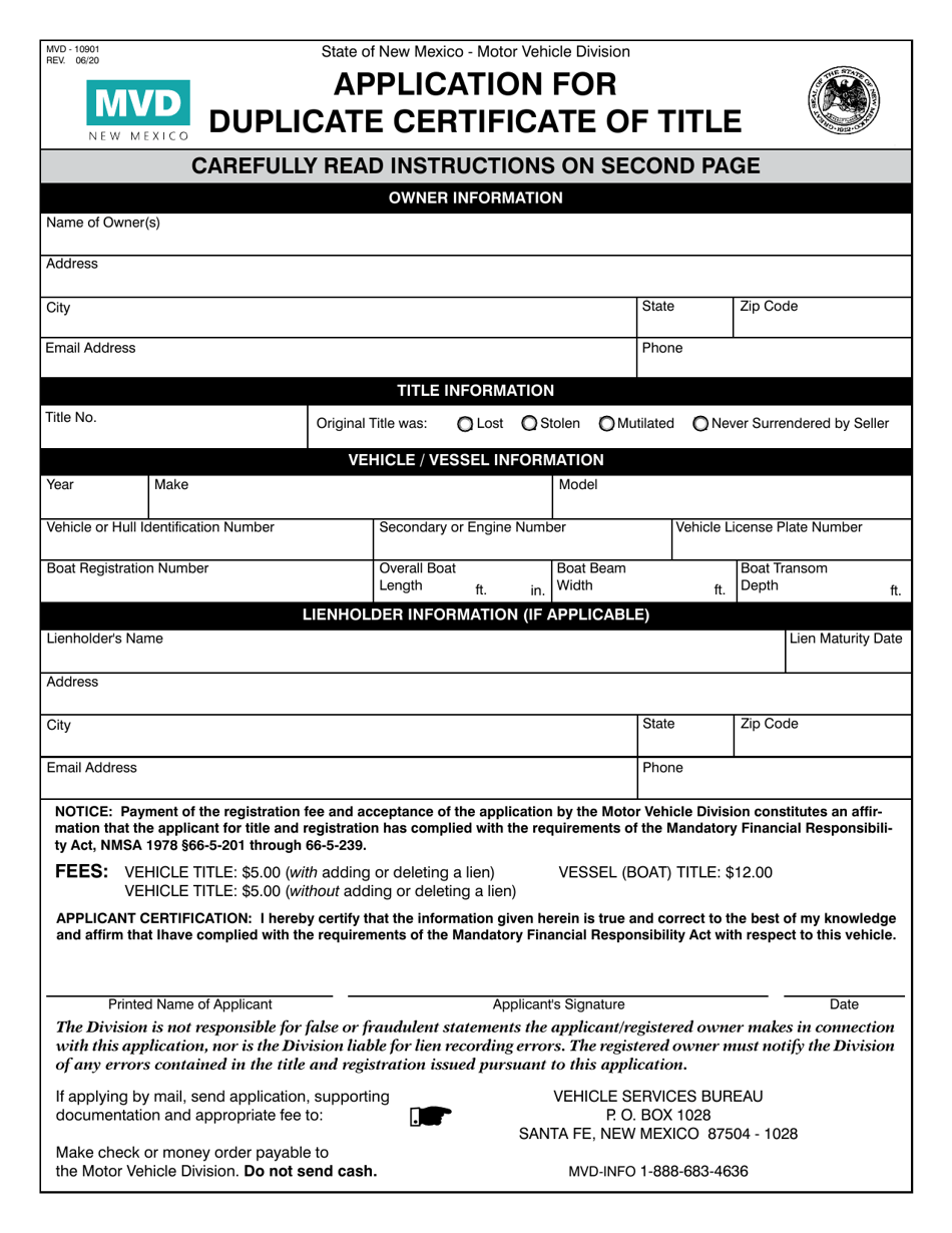 Form MVD-10901 Application for Duplicate Certificate of Title - New Mexico, Page 1