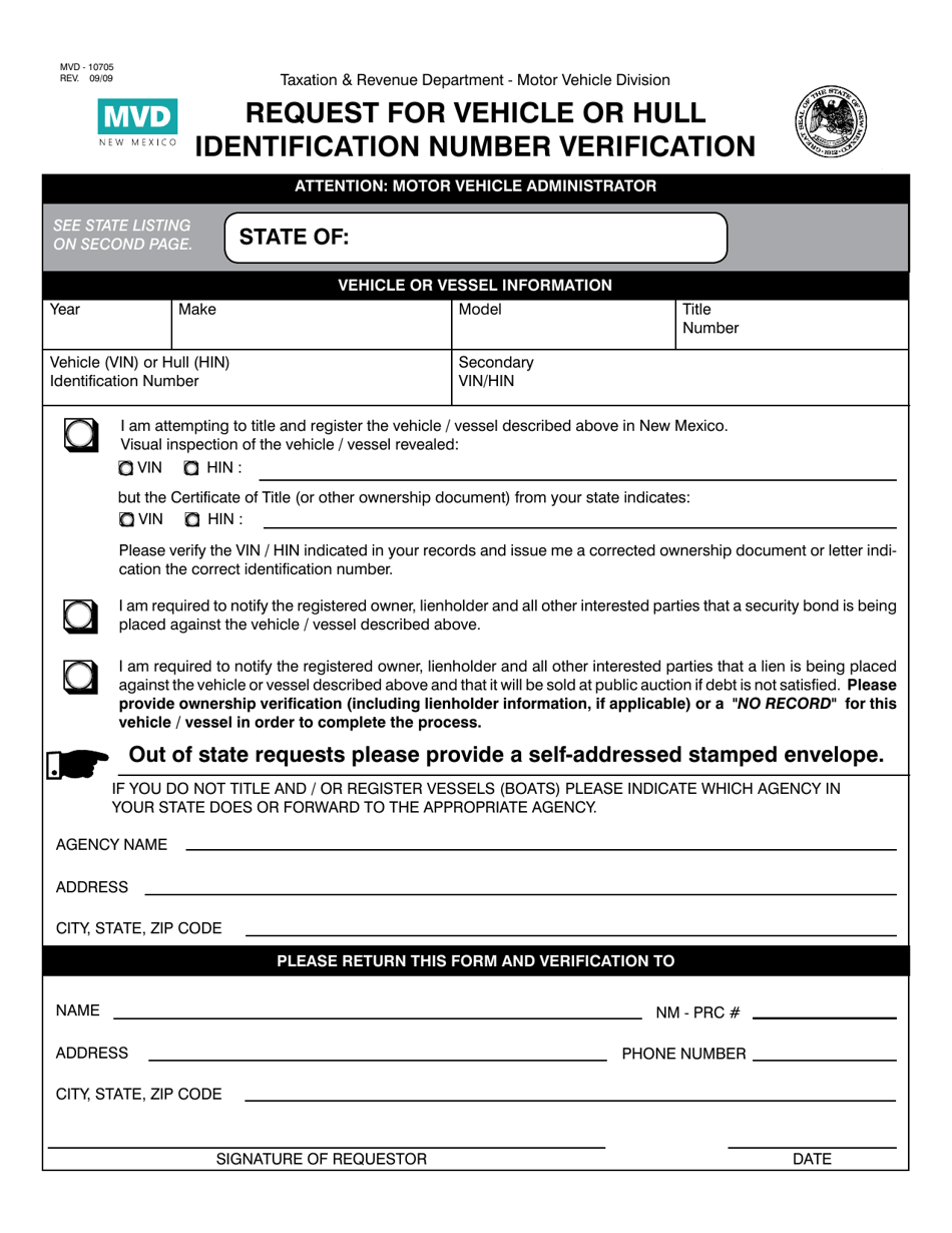 Form MVD-10705 Request for Vehicle or Hull Identification Number Verification - New Mexico, Page 1