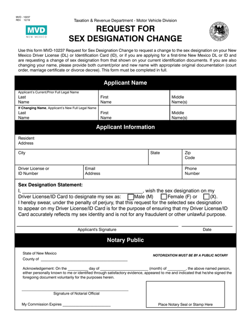 Form MVD-10237 Request for Sex Designation Change - New Mexico