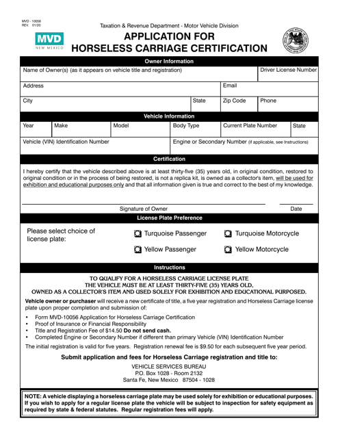 Form MVD-10056 Application for Horseless Carriage Certification - New Mexico