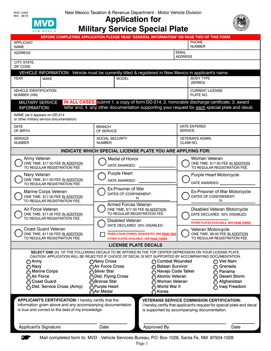 Form MVD-10353 Application for Military Service Special Plate - New Mexico, Page 1