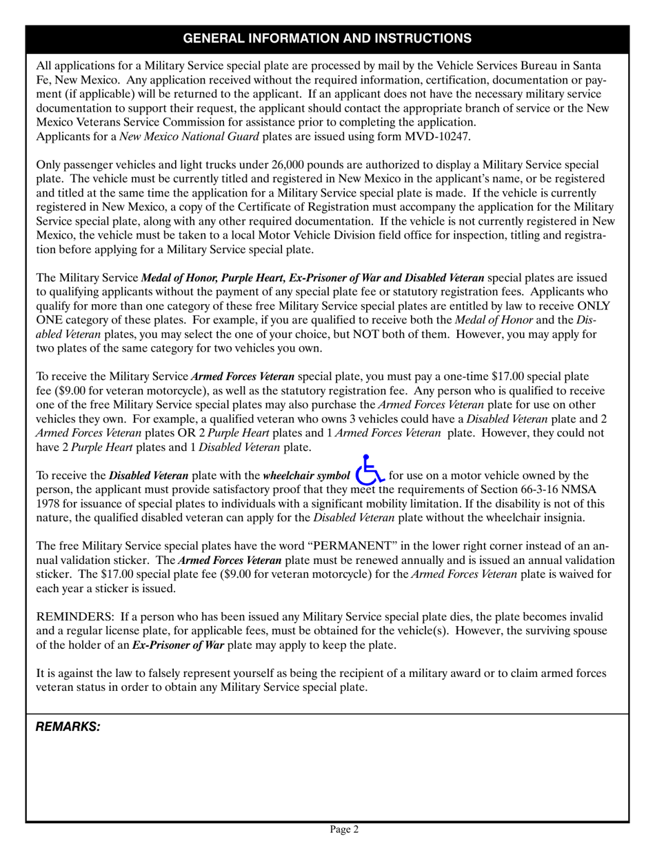 Form MVD-10353 Application for Military Service Special Plate - New Mexico, Page 2
