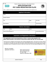 Form MVD-11249 &quot;Application for Pet Care Registration Plate&quot; - New Mexico