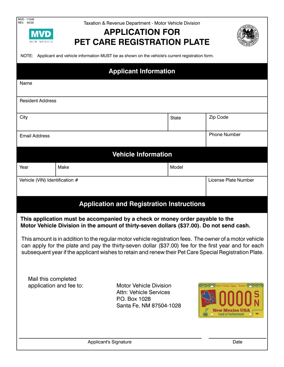 Form MVD-11249 Application for Pet Care Registration Plate - New Mexico, Page 1