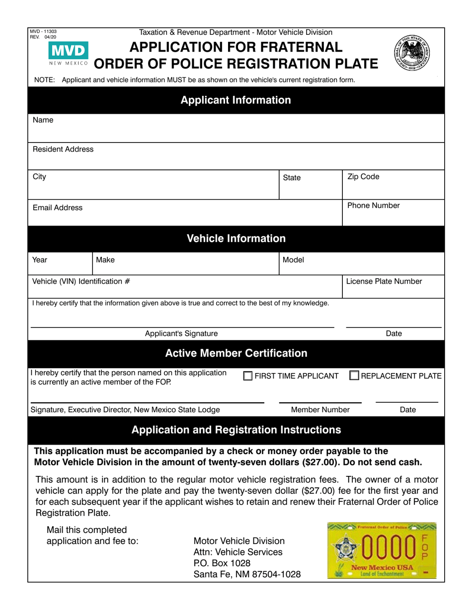 Form MVD-11303 Application for Fraternal Order of Police Registration Plate - New Mexico, Page 1