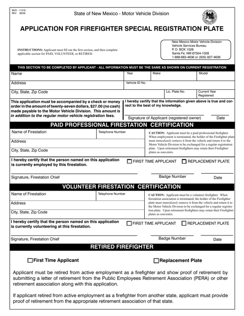 Form MVD-11316 Application for Firefighter Special Registration Plate - New Mexico