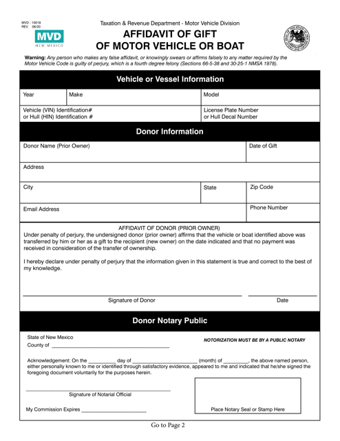 Form MVD-10018 Affidavit of Gift of Motor Vehicle or Boat - New Mexico