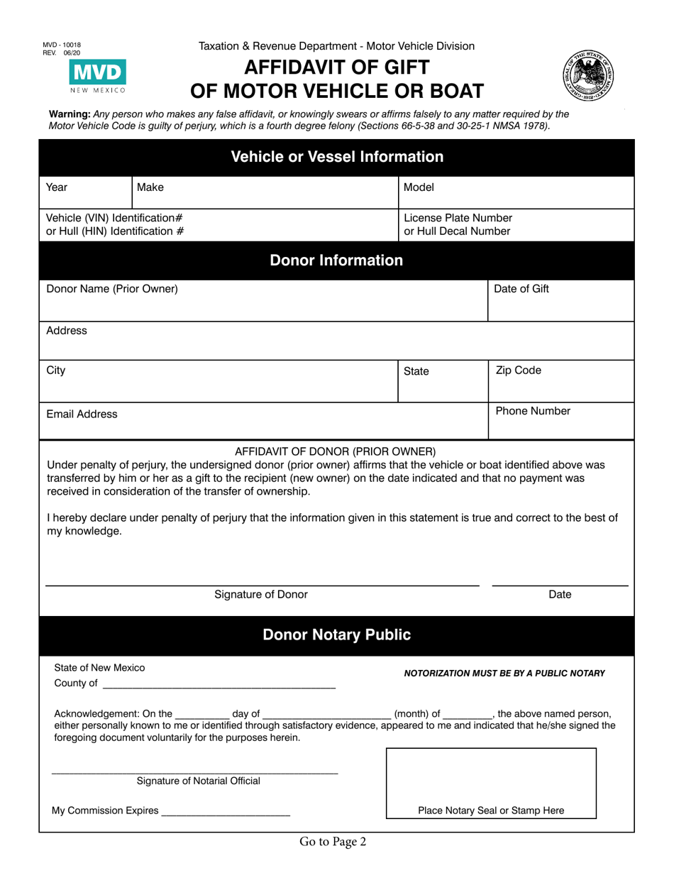 Form MVD-10018 Affidavit of Gift of Motor Vehicle or Boat - New Mexico, Page 1