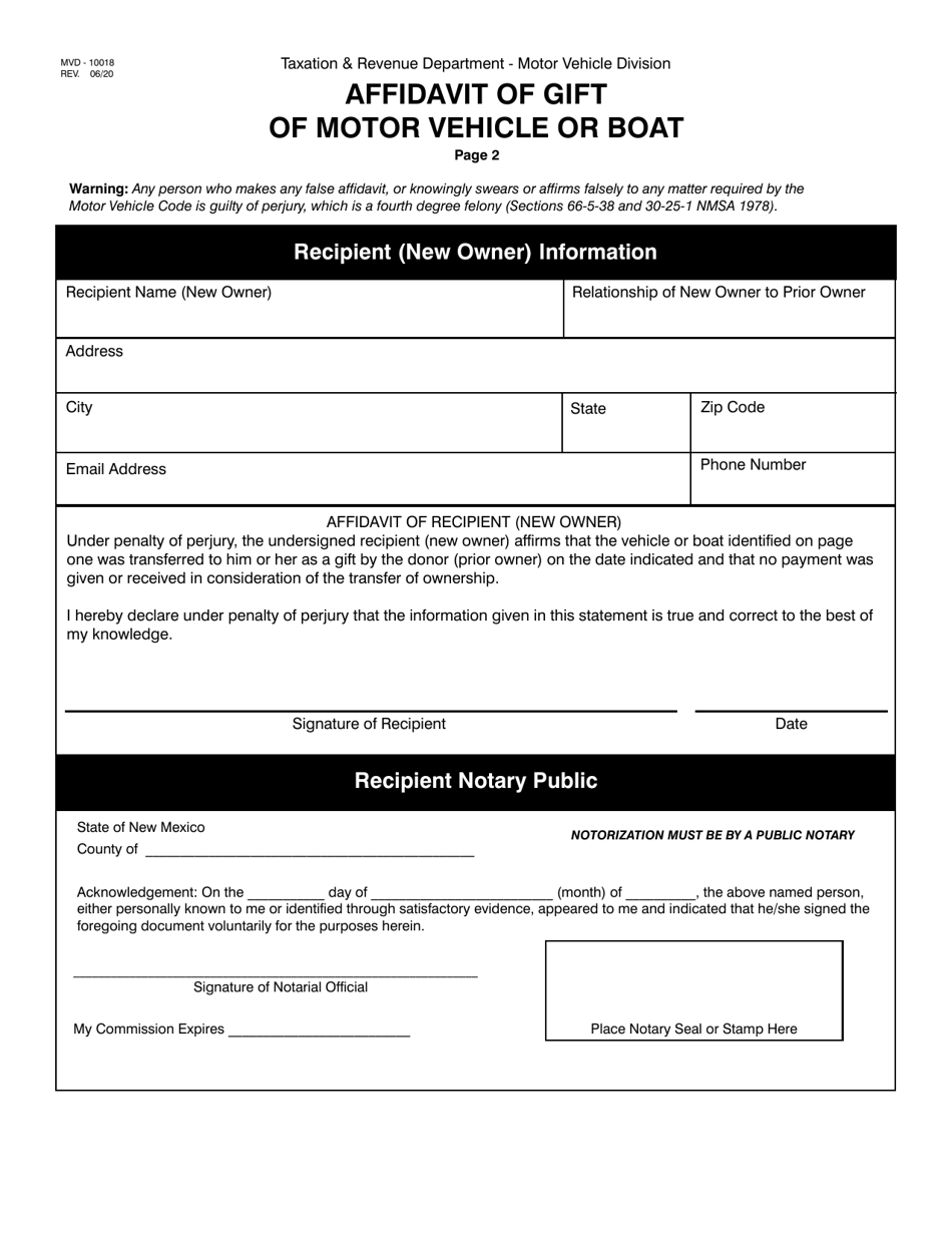 Form MVD-10018 Affidavit of Gift of Motor Vehicle or Boat - New Mexico, Page 2