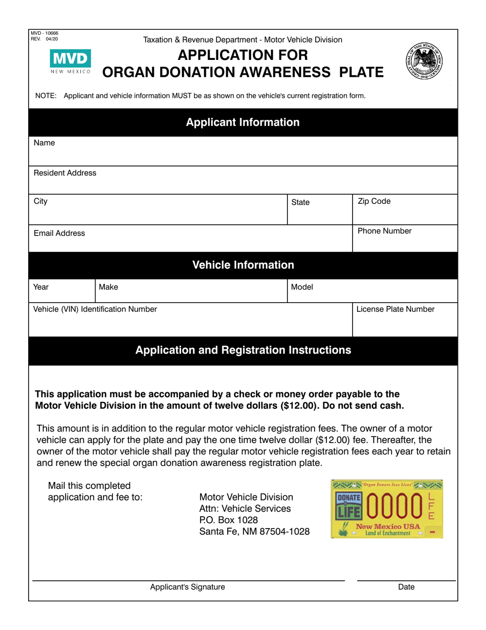 Form MVD-10666 Application for Organ Donation Awareness Plate - New Mexico, Page 1