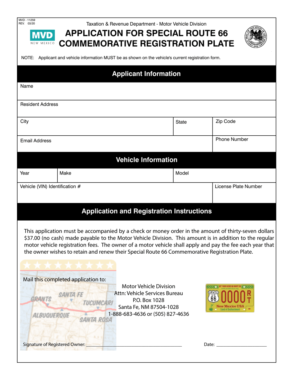 Form MVD-11259 Application for Special Route 66 Commemorative Registration Plate - New Mexico, Page 1