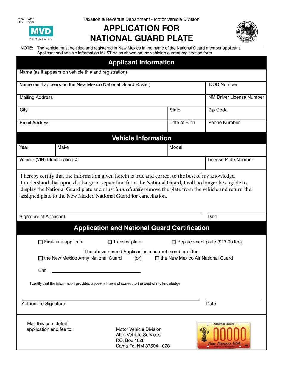 Form MVD-10247 Application for National Guard Plate - New Mexico, Page 1