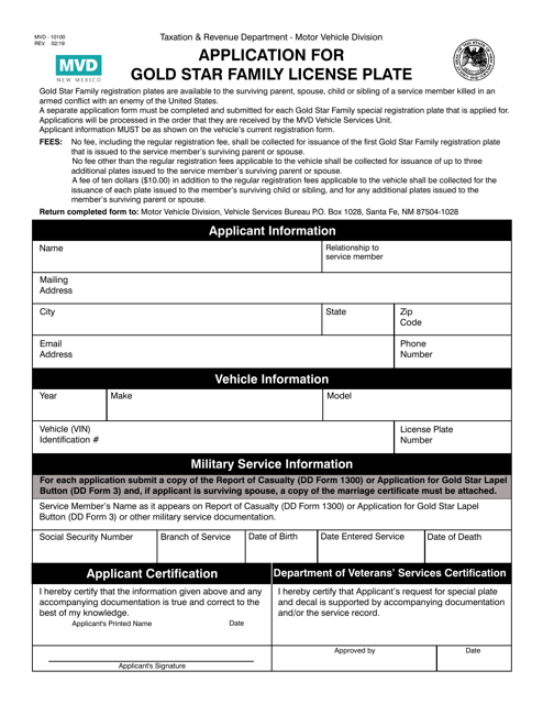 Form MVD-10100 Application for Gold Star Family License Plate - New Mexico
