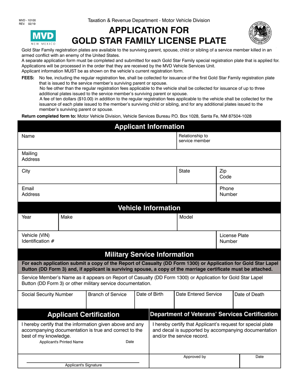 Form MVD-10100 Application for Gold Star Family License Plate - New Mexico, Page 1