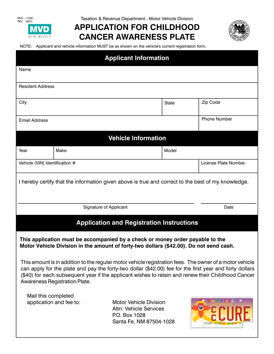 Form MVD-11202 Application for Childhood Cancer Awareness Plate - New Mexico, Page 1