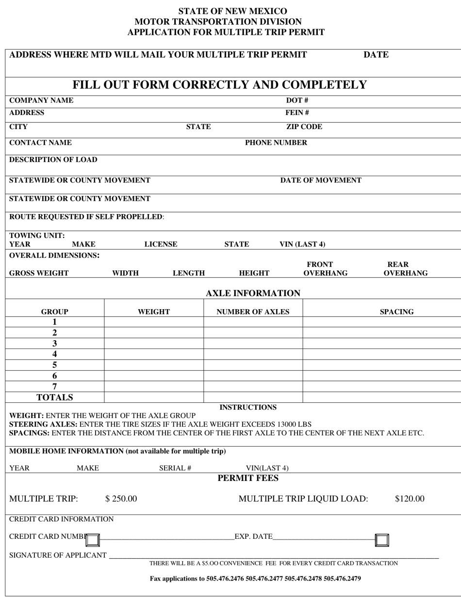 Application for Multiple Trip Permit - New Mexico, Page 1